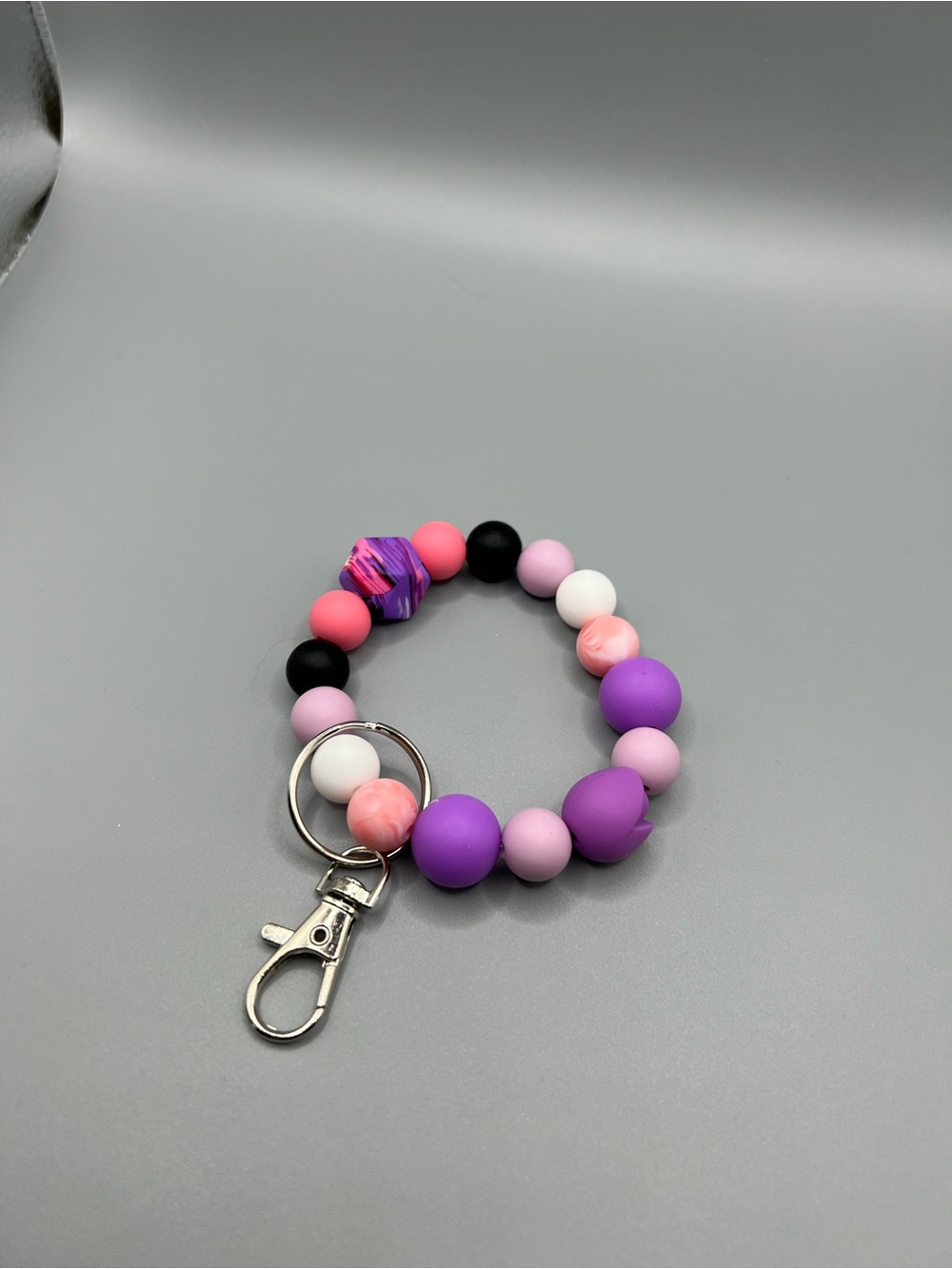 Purple & Pink Beaded Keyring Bracelet - Handmade - K0234C